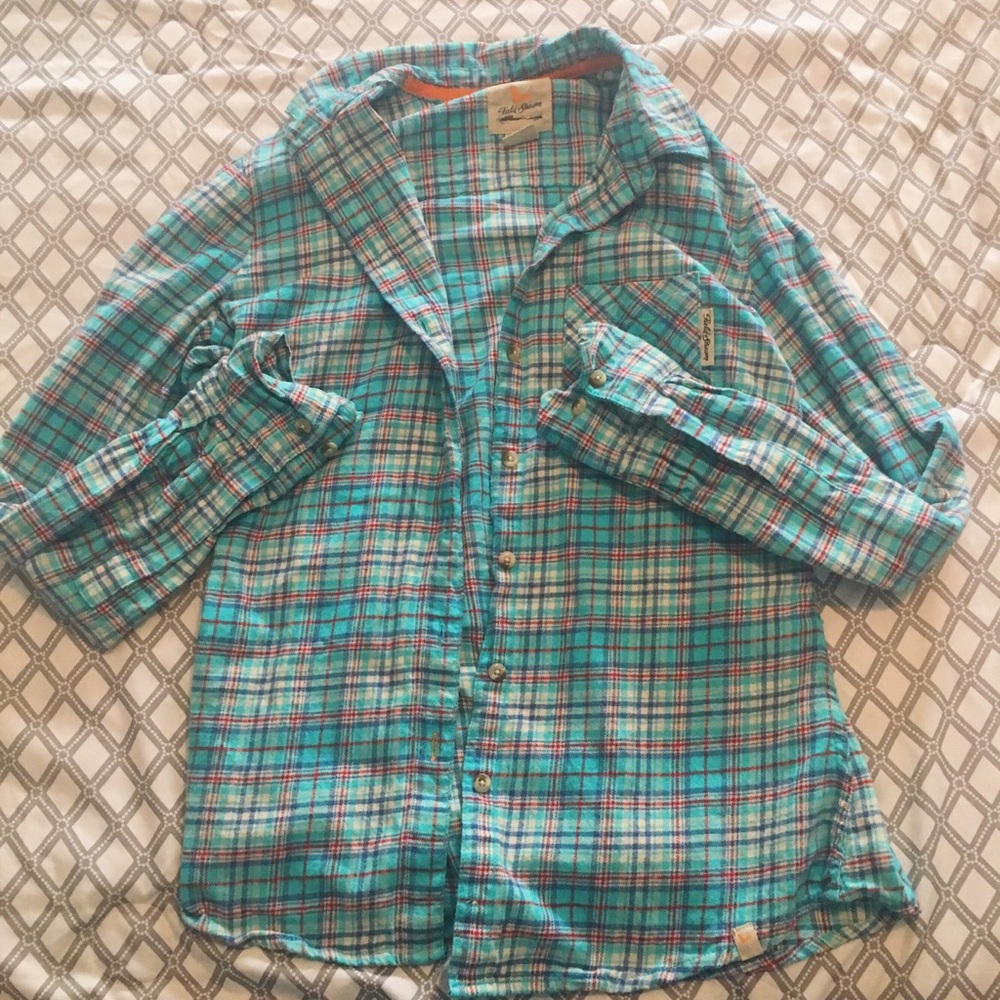 Blue orange-red button down flannel